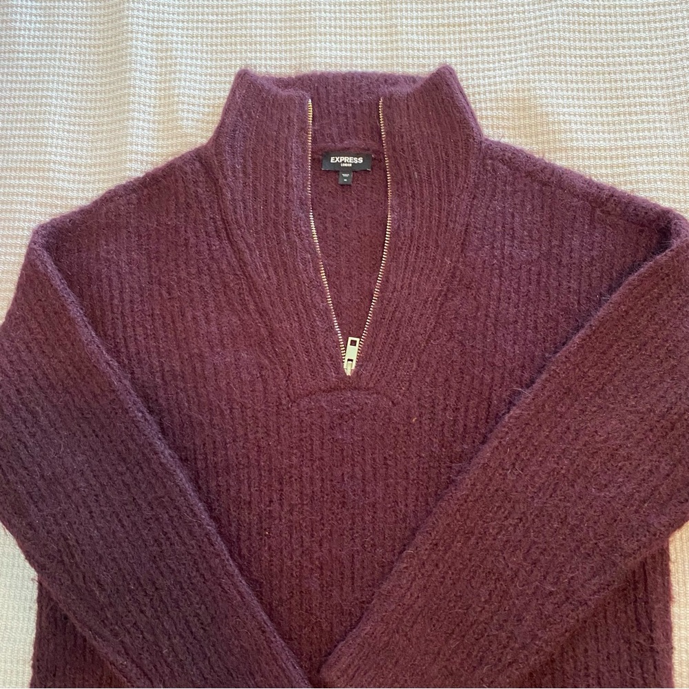 Express wool blend quarter zip tunic sweater medium burgundy